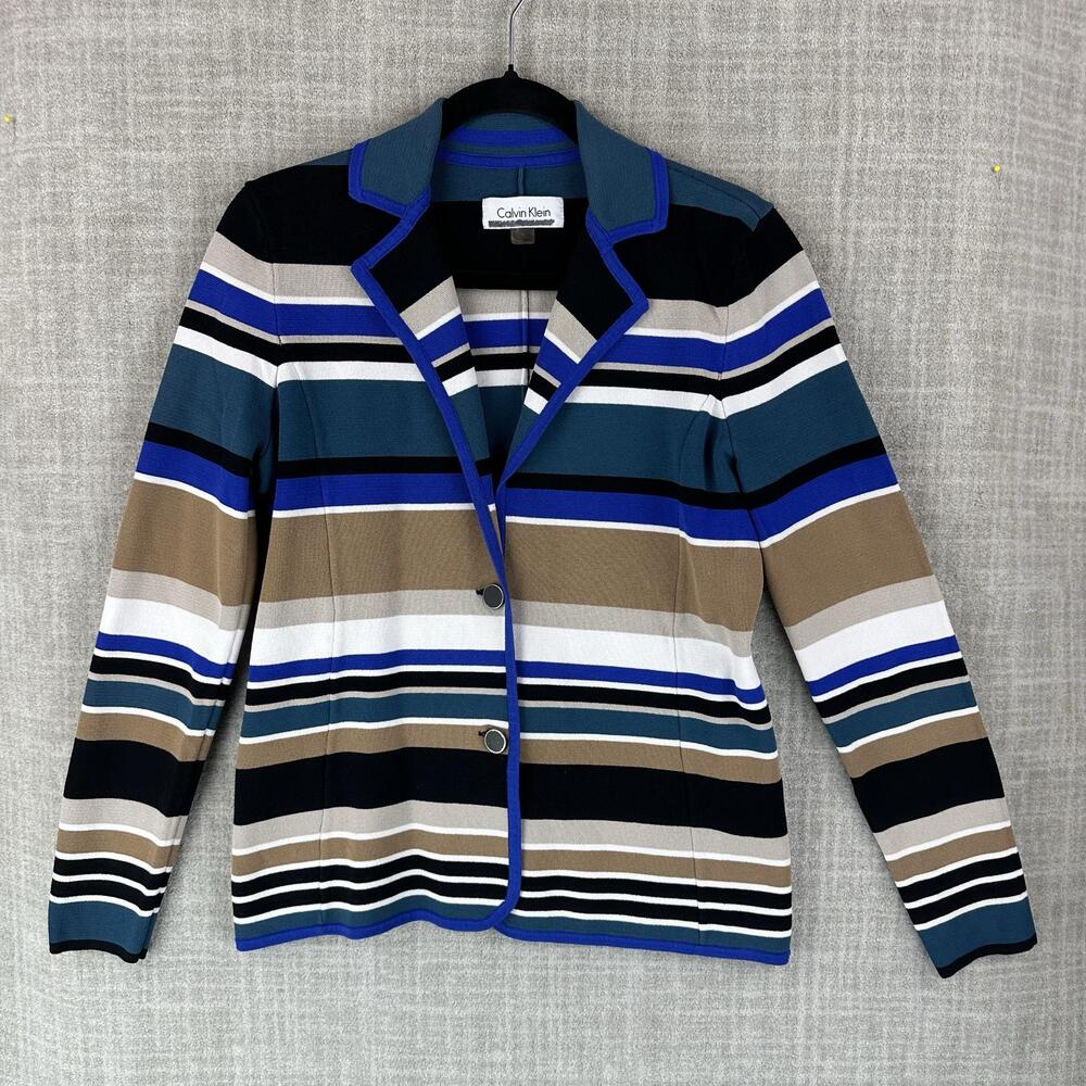 Calvin Klein Sweater Womens M Multicolor Collared Cardigan Striped Tight-Knit